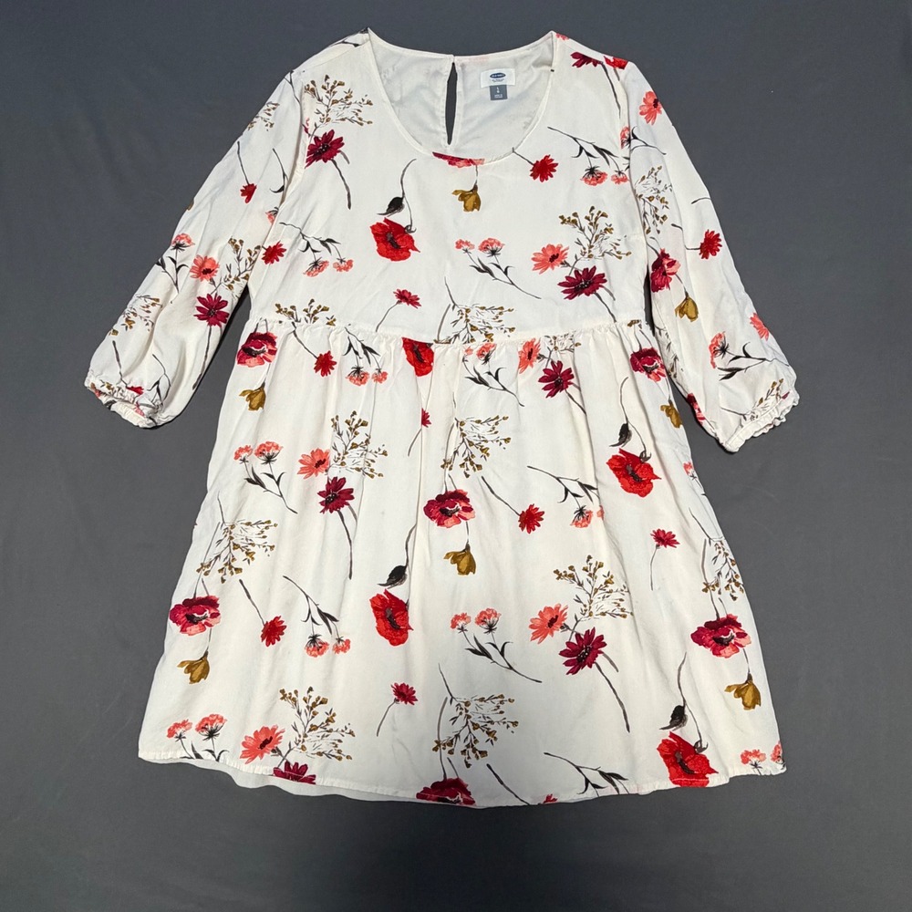 Old‎ Navy Floral Babydoll Dress Womens L White Poppy Long Slv
